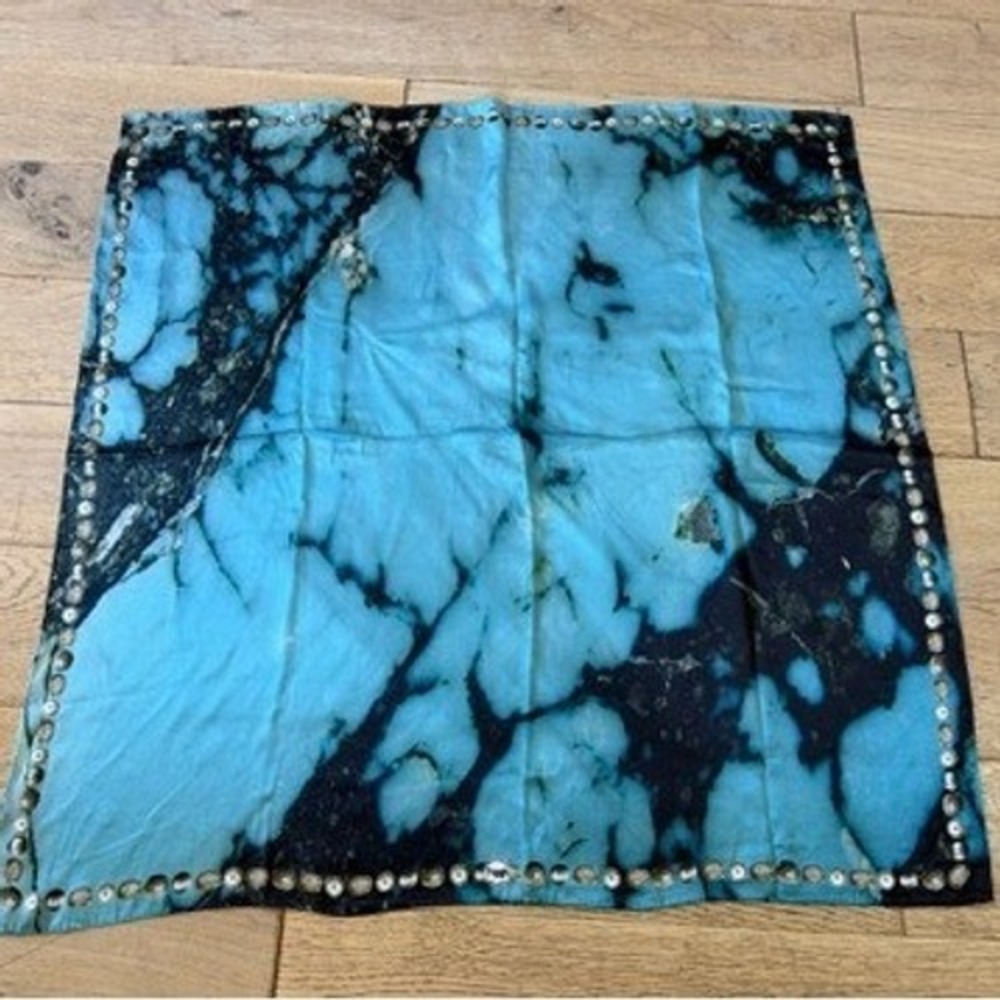 Fringe Silk Scarf‎ 100% Turquoise Marble Print Concho Stud Border (1707)